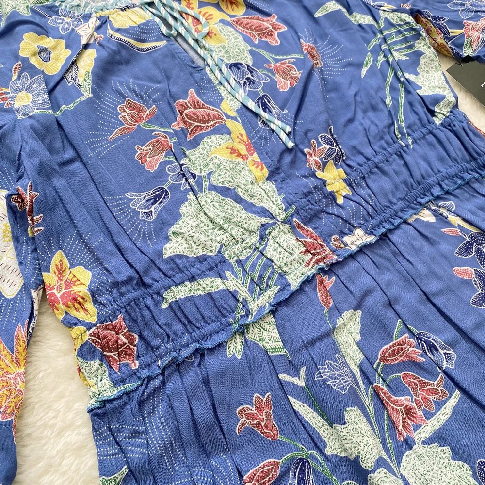 Tribal Femme Casual Dress, Boho, 3/4 Sleeve, Floral Print, Blue, Petite Small - Picture 7 of 8